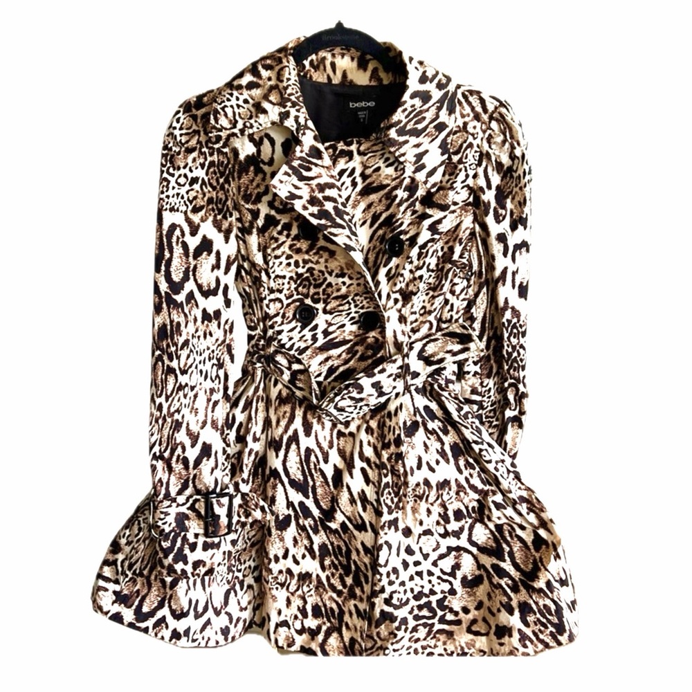 Vintage Y2K BEBE Leopard Animal Print Short Trench Coat, size xs